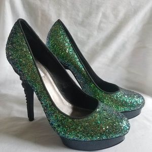 Rachel Roy Size 7.5 Green Black Glitter Heels
